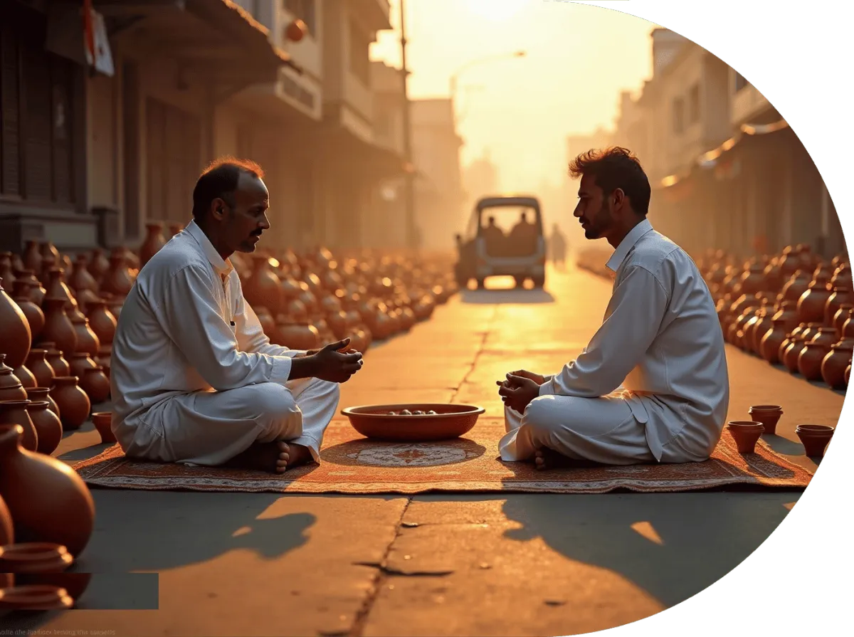 Indian market vendors seated among clay pottery on carpets