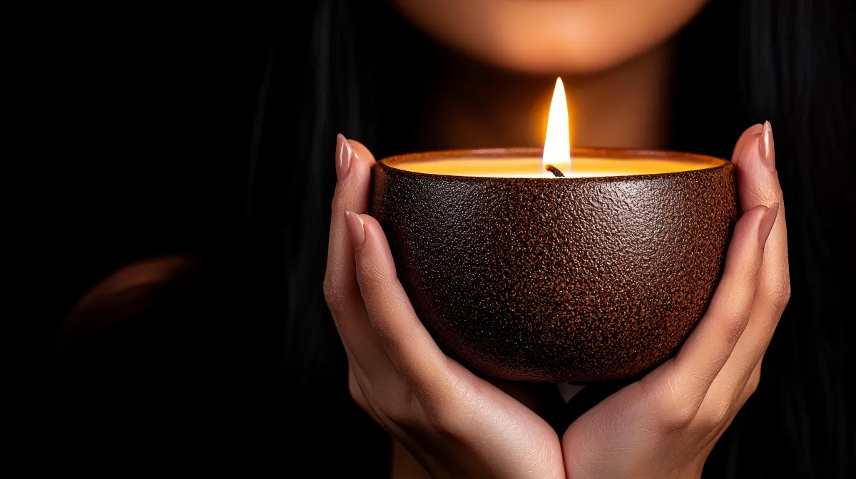 Close-up of hands gently holding a lit candle in a dark setting, symbolizing healing, mindfulness, and inner calm.