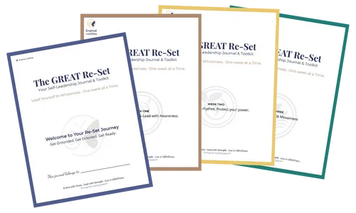 Photo of four colorful GREAT Re-Set client workbooks and journals fanned out, showcasing the printed toolkit that supports women through each week of the program with prompts, tools, and guided exercises.