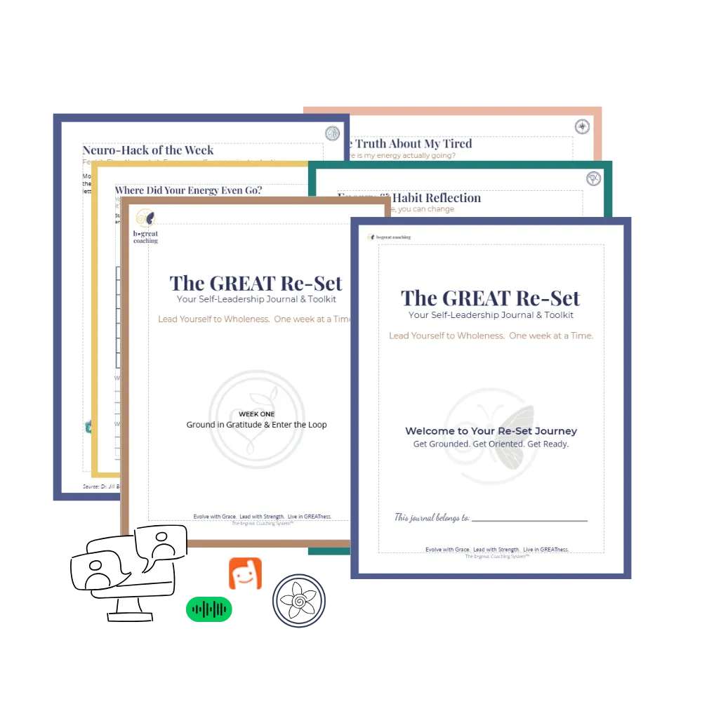 flat lay image of The GREAT Reset Client Journal and Toolkit with  video icon, spotify icon, voxer icon, and The GREAT Leadership Loop icon