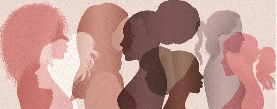 Abstract illustration of diverse women in profile, layered in soft earth tones—representing empowerment, unity, and inclusive sisterhood.