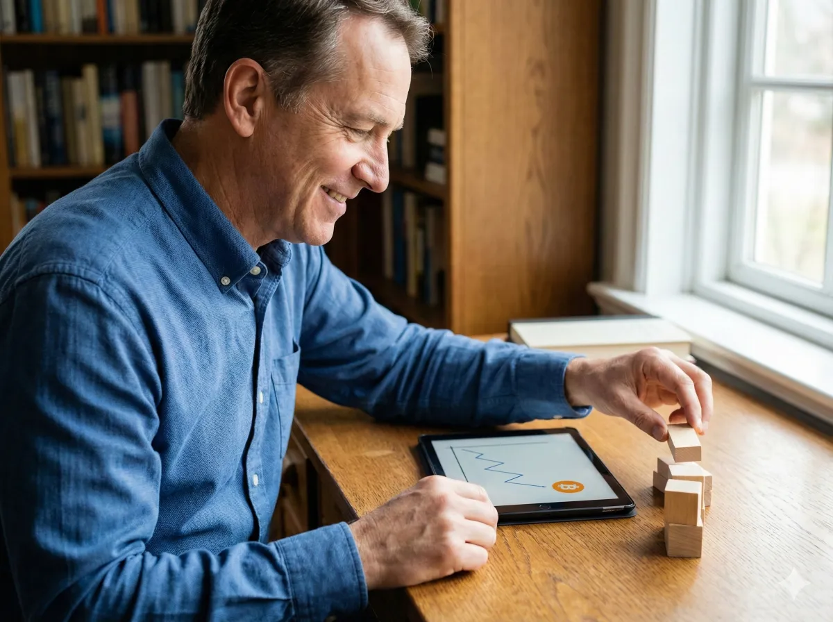 Bitcoin coins rest on a keyboard with stock charts.