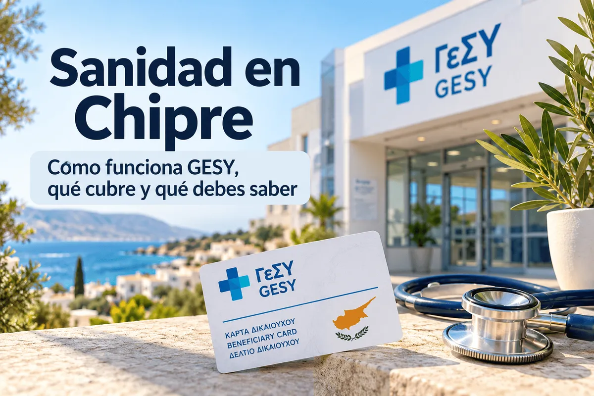 Imagen sobre la sanidad en Chipre y el sistema GESY, con un centro médico, tarjeta sanitaria y estetoscopio junto al mar Mediterráneo.