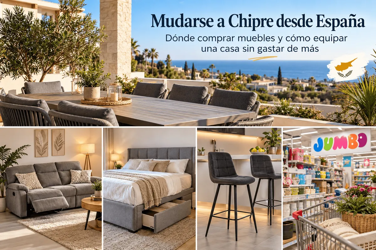 Terraza mediterránea y muebles para equipar una vivienda en Chipre
