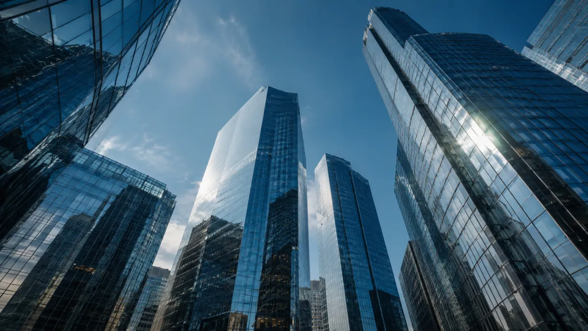 Modern glass skyscrapers rising against a blue sky, symbolising the scale and ambition of mid-market companies undertaking digital transformation