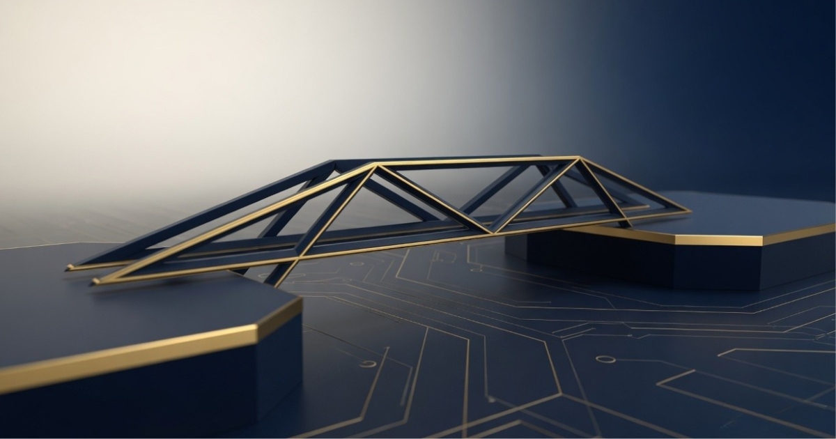 Abstract navy and gold truss bridge spanning a gap, representing the infrastructure gap fund sponsors face under Rule 506(c)