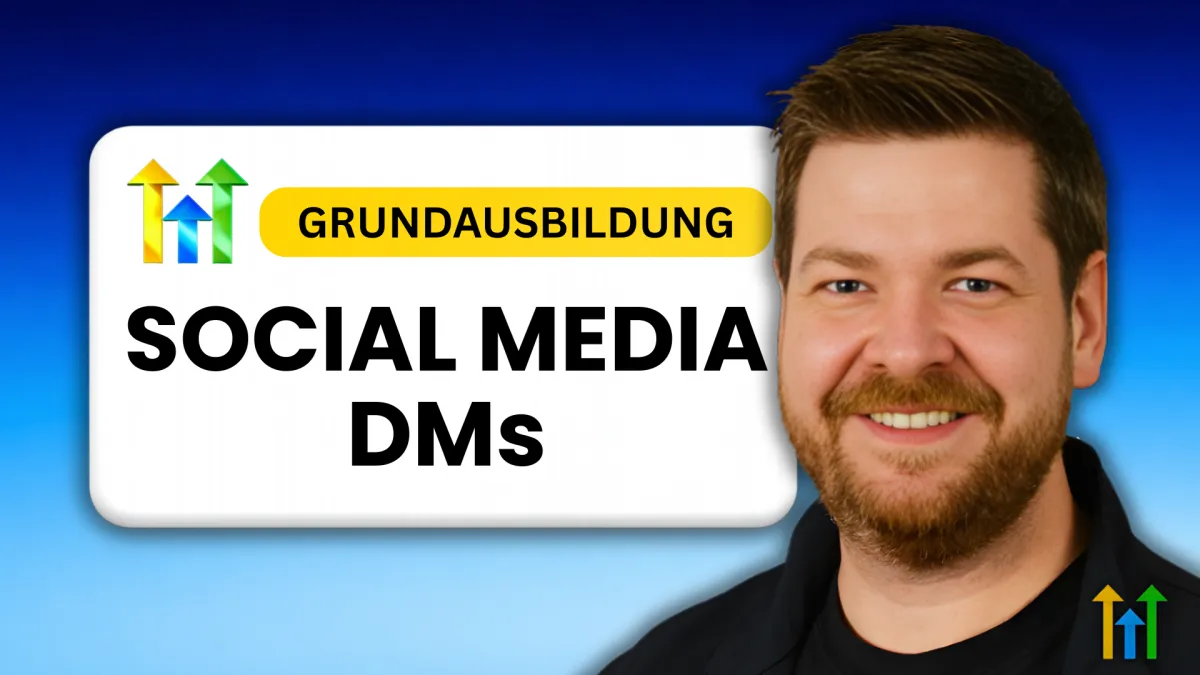 Thumbnail mit dem Titel „Grundausbildung Social Media DMs“, gelbem Banner, Aufwärtspfeilen und Martin Dellwing lächelnd vor blauem Hintergrund.