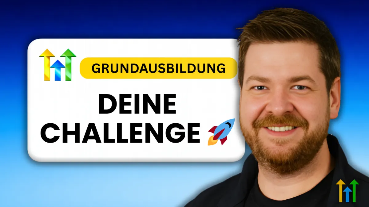CRM Ausbildung mit HighLevel – Deine Challenge nach der Grundausbildung, Martin Dellwing vor blauem Hintergrund mit Motivationsbotschaft