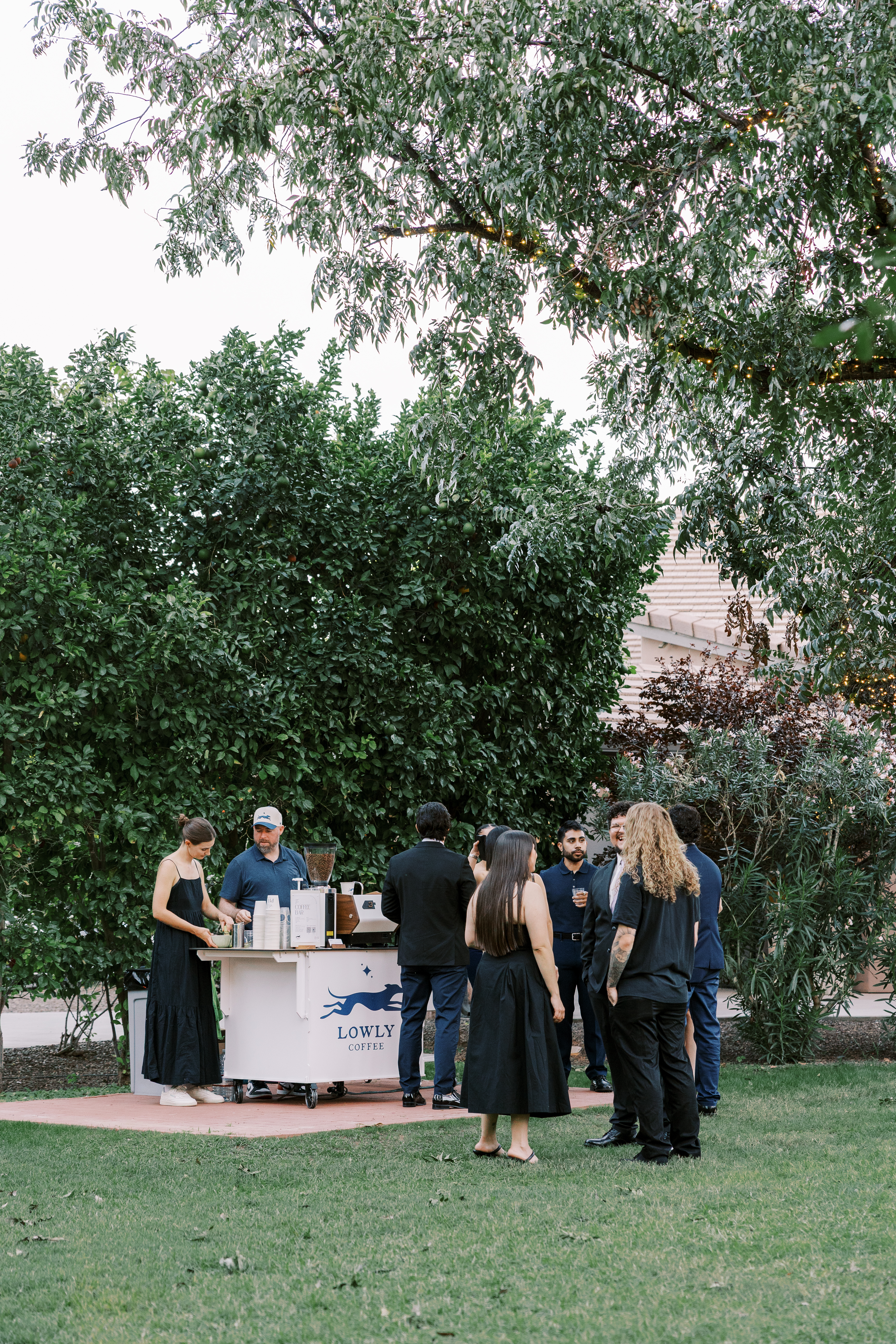 Lowly Coffee mobile espresso cart setup at an elegant event