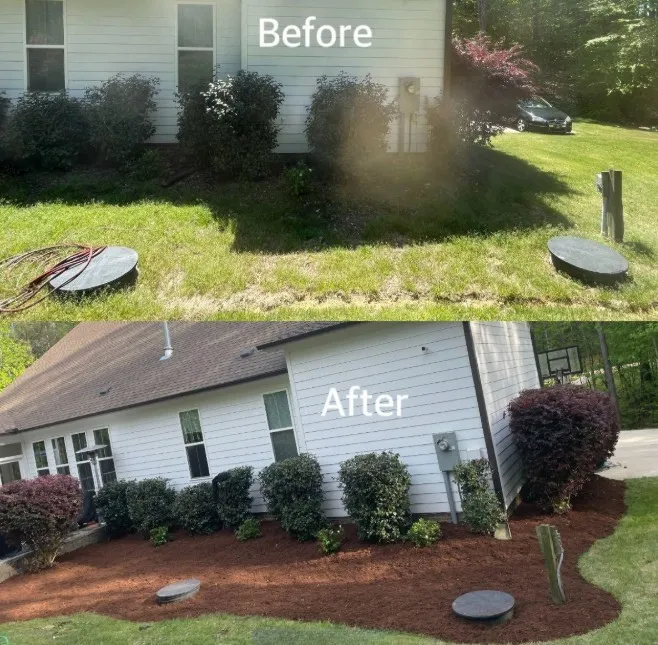 Before and after image of a planter bed with fresh mulch and neatly trimmed hedges.