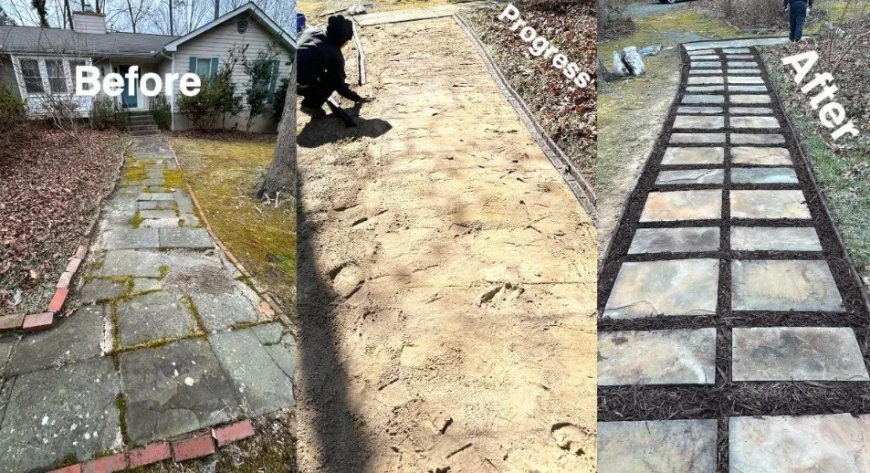Before and after transformation of a stone walkway leading to a front door.
