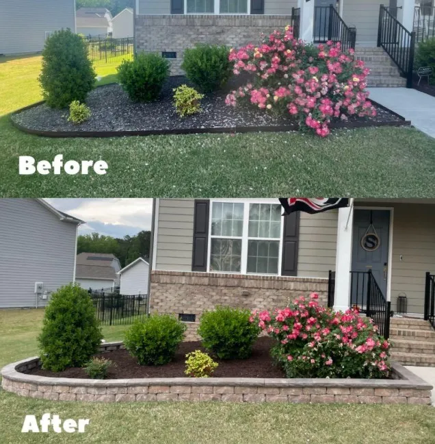 Before and after image of a flower bed with new mulch and decorative stone edging.