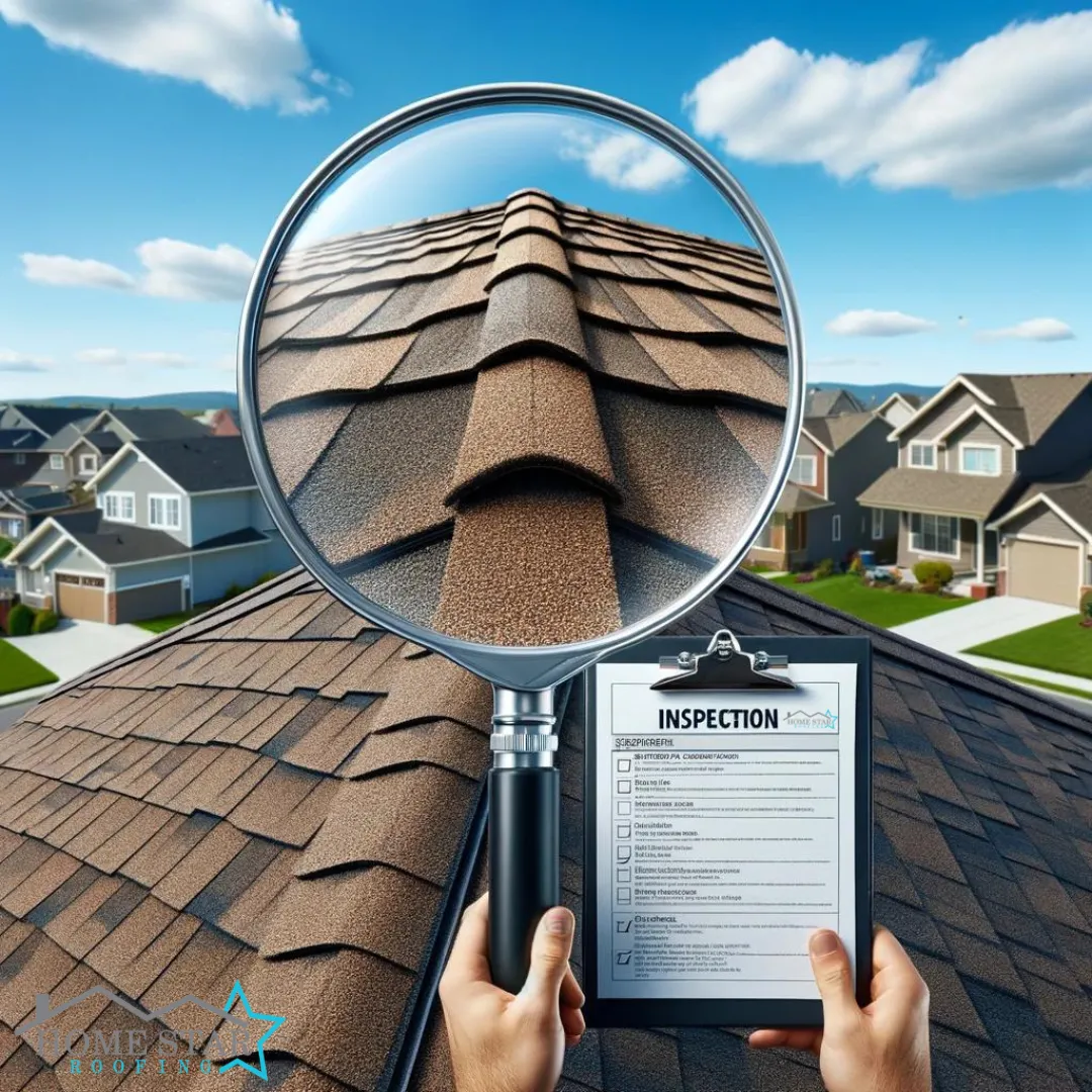 Magnifying glass inspecting a shingle roof, symbolizing Home Star Roofing's detailed roof consulting services.
