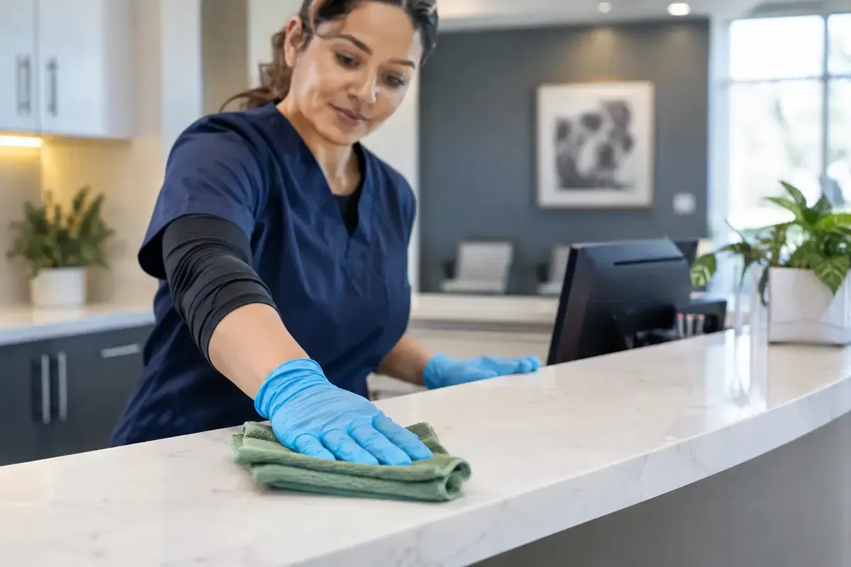A person in yellow gloves and blue gloves cleaning a floor