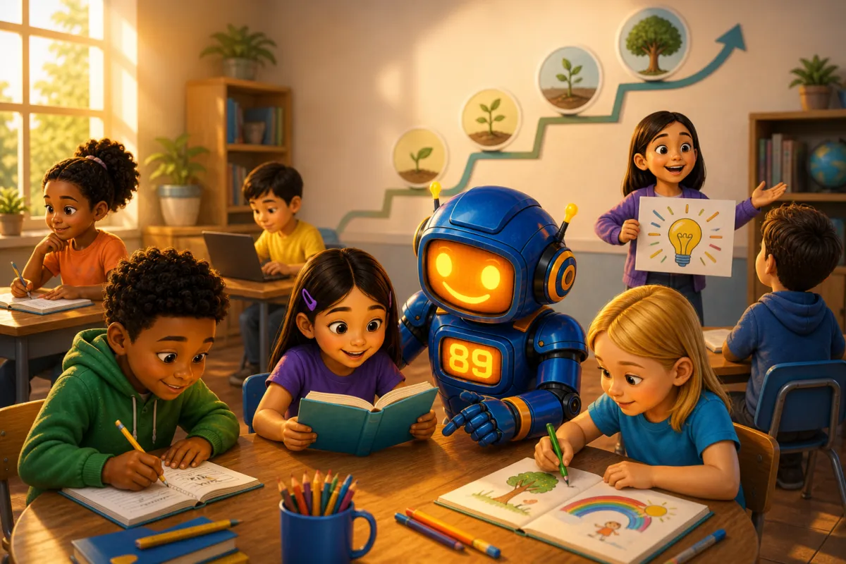 Students reading, writing, and drawing with Byte the AI robot in a classroom, building literacy, creativity, and confidence
