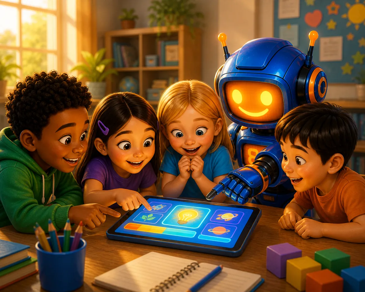 Students interacting with a tablet alongside Byte the AI robot, exploring ideas and building curiosity and problem-solving skills