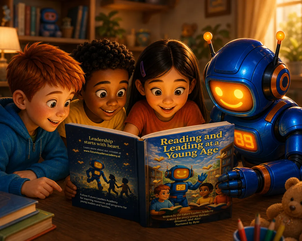Children reading Reading and Leading at a Young Age with Byte the AI robot, building literacy, curiosity, and leadership skills