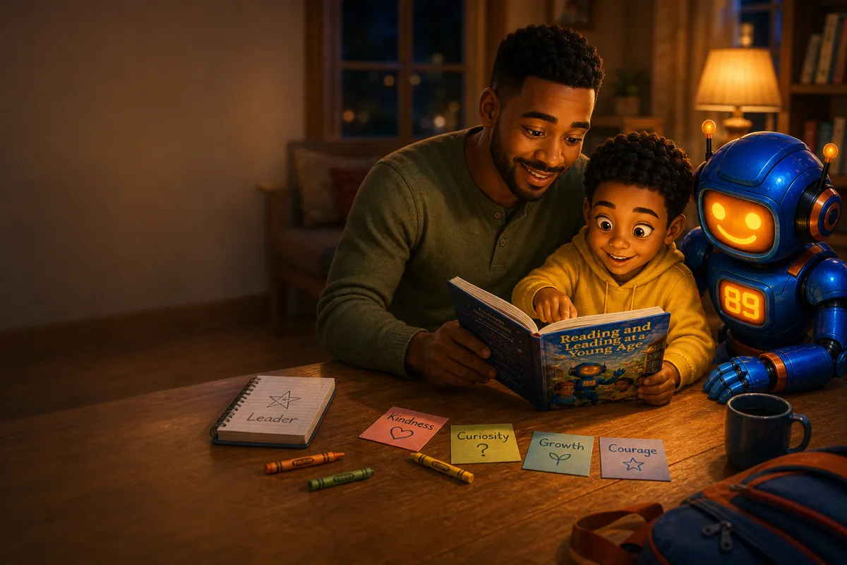 Parent and child reading together with Byte the AI robot at home, building literacy, confidence, and meaningful family connection
