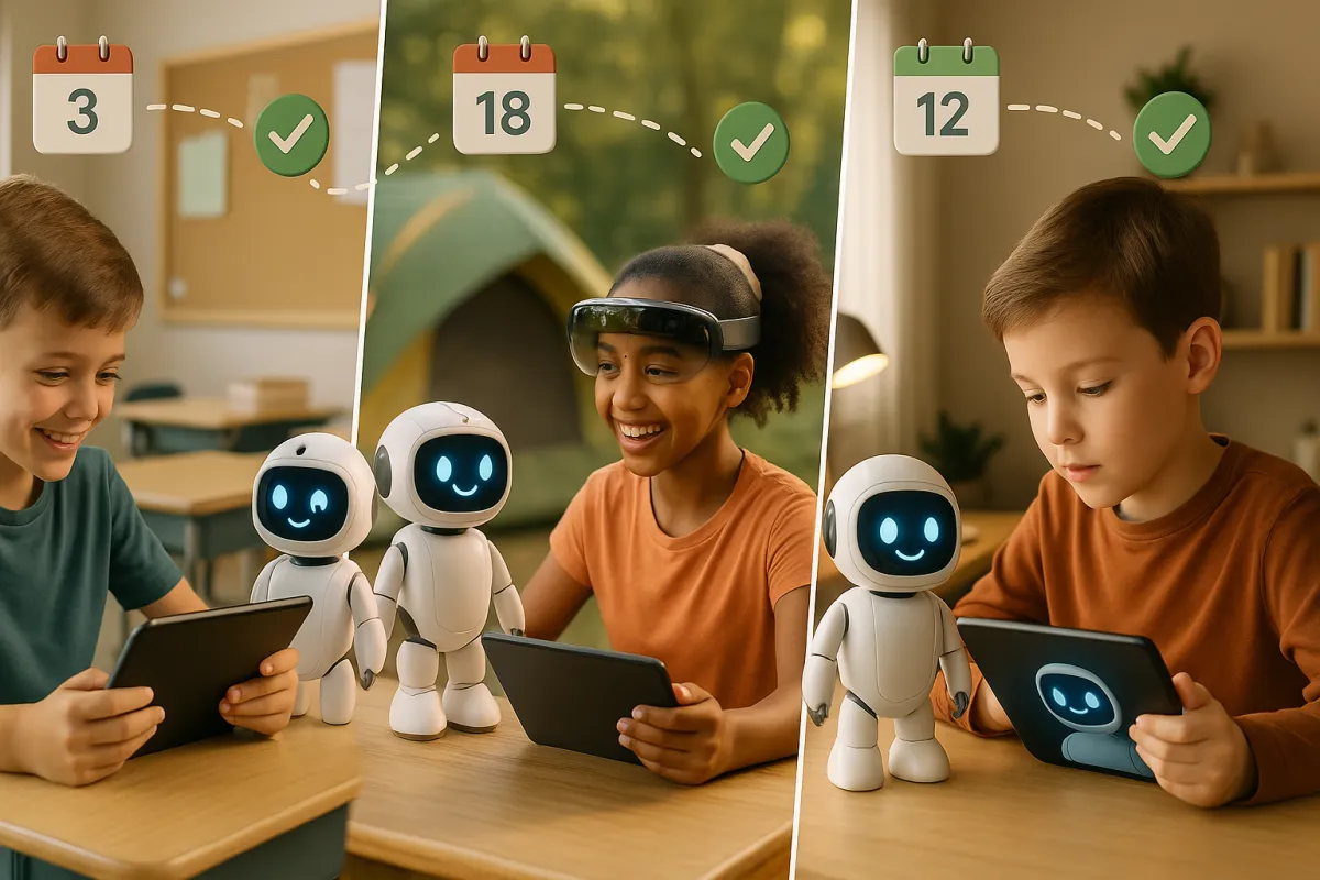 A friendly turquoise and orange robot with the number 89 on its chest interacts with a diverse group of smiling elementary school students seated on the grass, while families and educators watch in the background near a school building, symbolizing AI-driven learning and community connection.