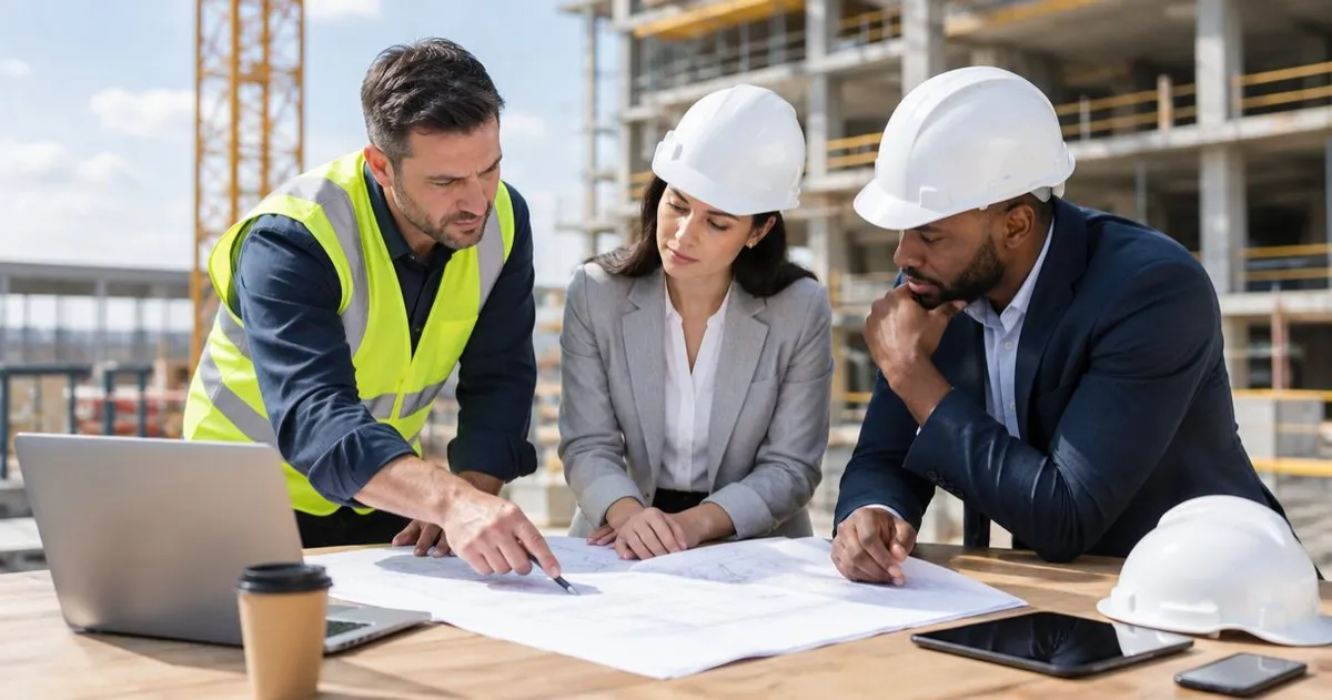 Contractors and an advisor reviewing plans on a construction site