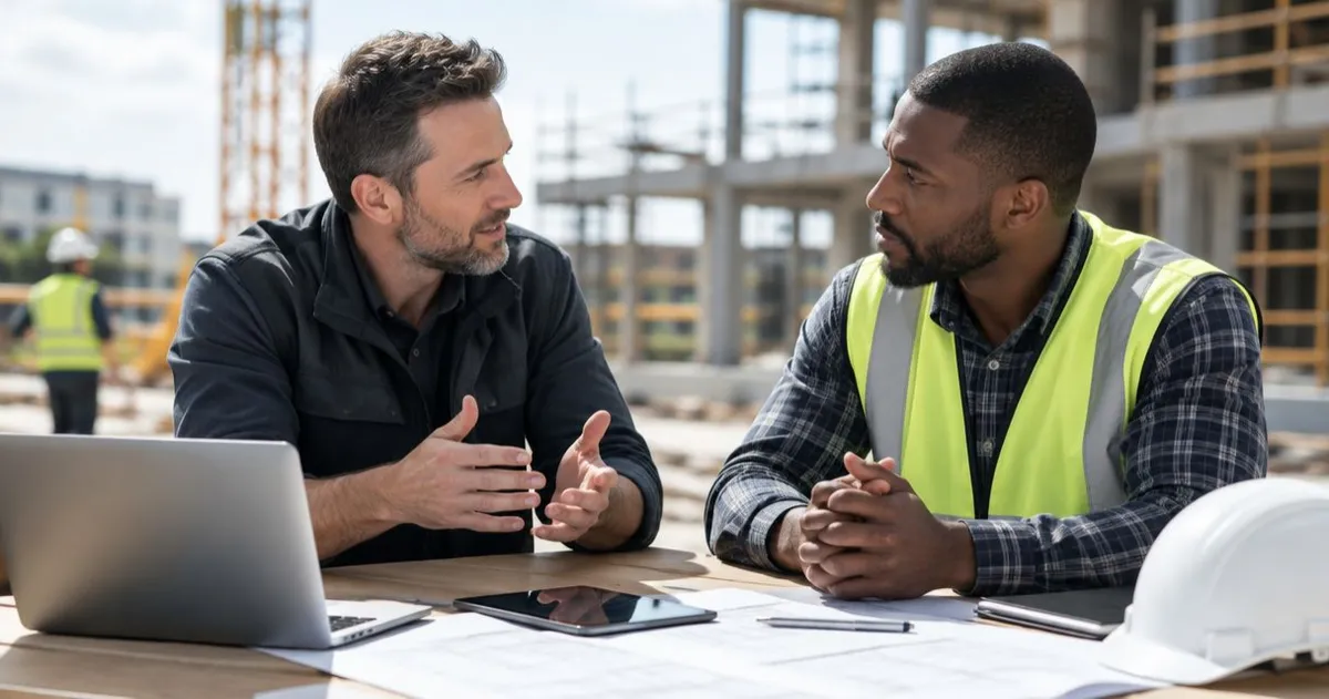 Construction company owner talking with a business coach on a job site