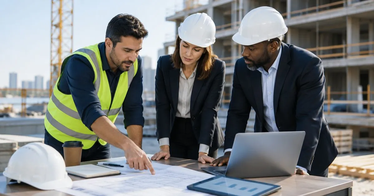 Construction team and a consultant reviewing plans on a job site