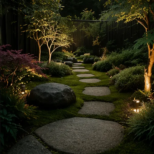 Red wooden door with potted plants and garden path