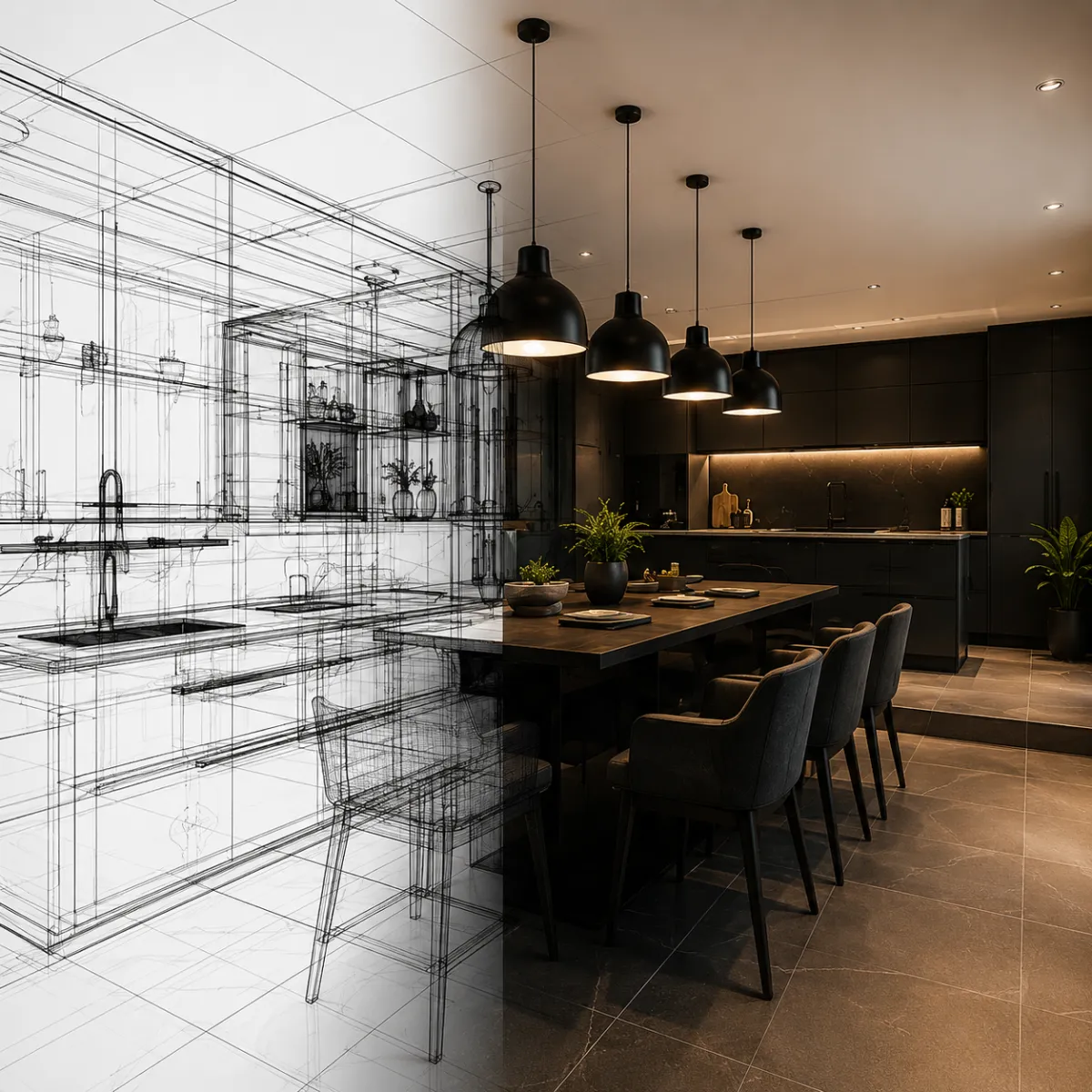 Image split diagonally: left half shows a black and white wireframe architectural sketch of a room, right half shows the finished, photo-realistic modern kitchen with dark cabinetry and warm lighting.