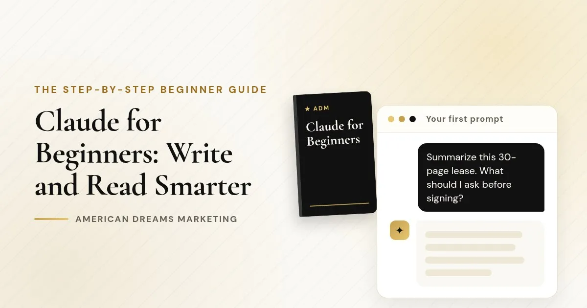 Illustration of a chat window summarizing a long document next to a black guide titled Claude for Beginners