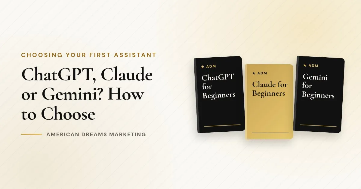 Illustration of three guides titled ChatGPT, Claude and Gemini for Beginners side by side