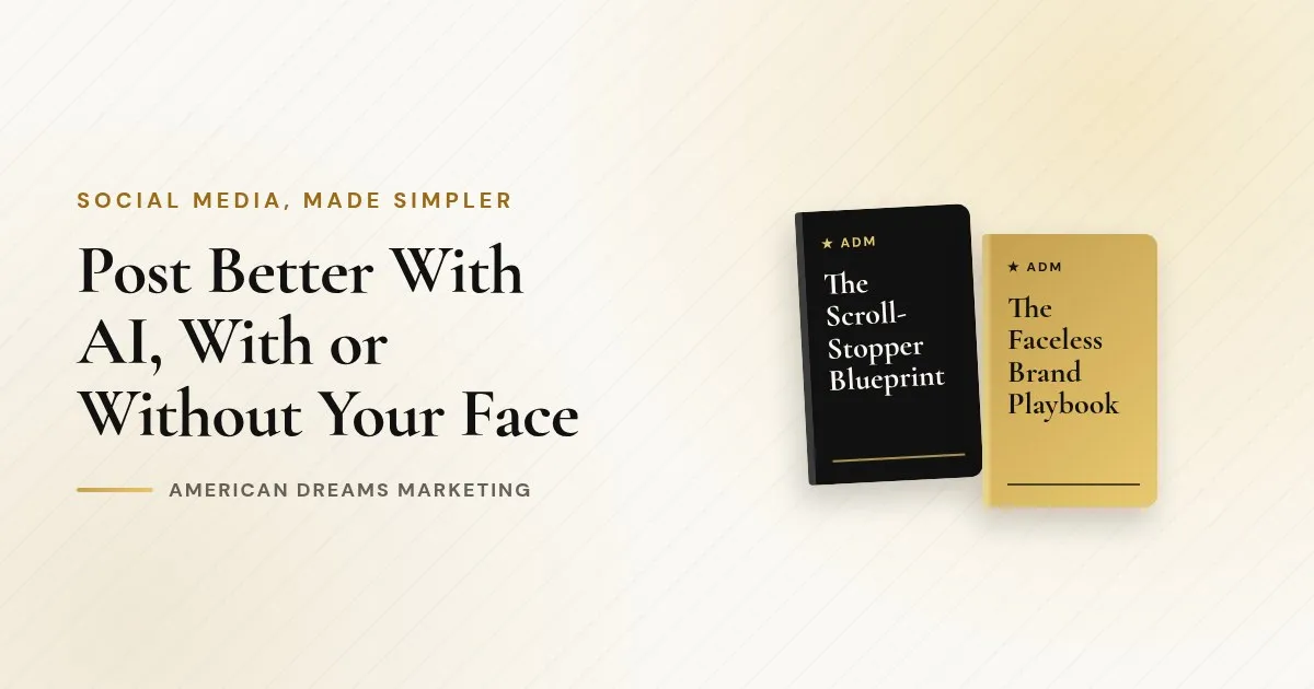 Illustration of two guides titled Scroll-Stopper Blueprint and Faceless Brand Playbook beside a social post mockup