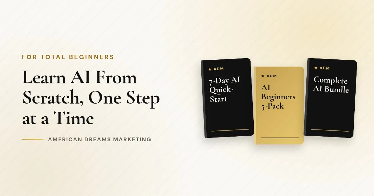 Illustration of three guides, the 7-Day AI Quick-Start, AI Beginners 5-Pack and Complete AI Bundle, arranged as steps