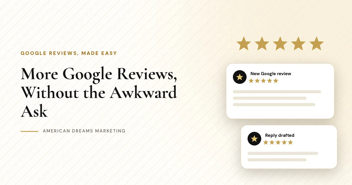 Five gold stars above a customer review card on a cream background