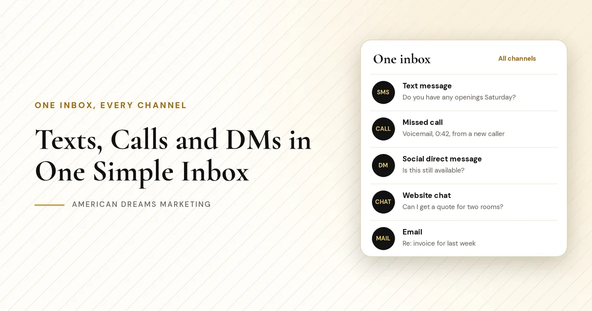 An inbox panel listing a text message, a missed call, a social direct message, a website chat and an email in one place