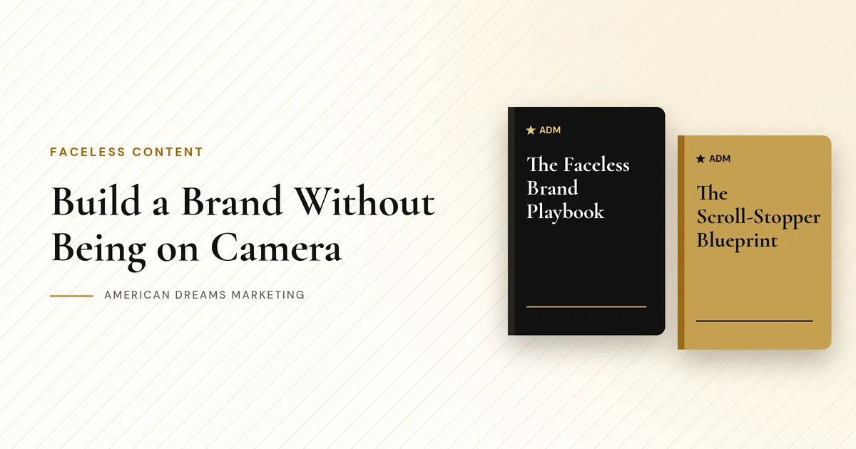 Two guide covers, The Faceless Brand Playbook and The Scroll-Stopper Blueprint, on a cream background