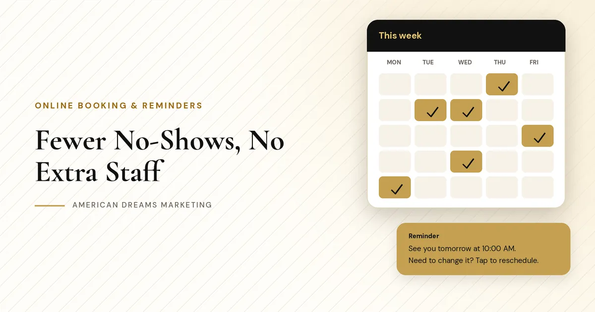 A weekly appointment calendar with booked slots checked off and a reminder message