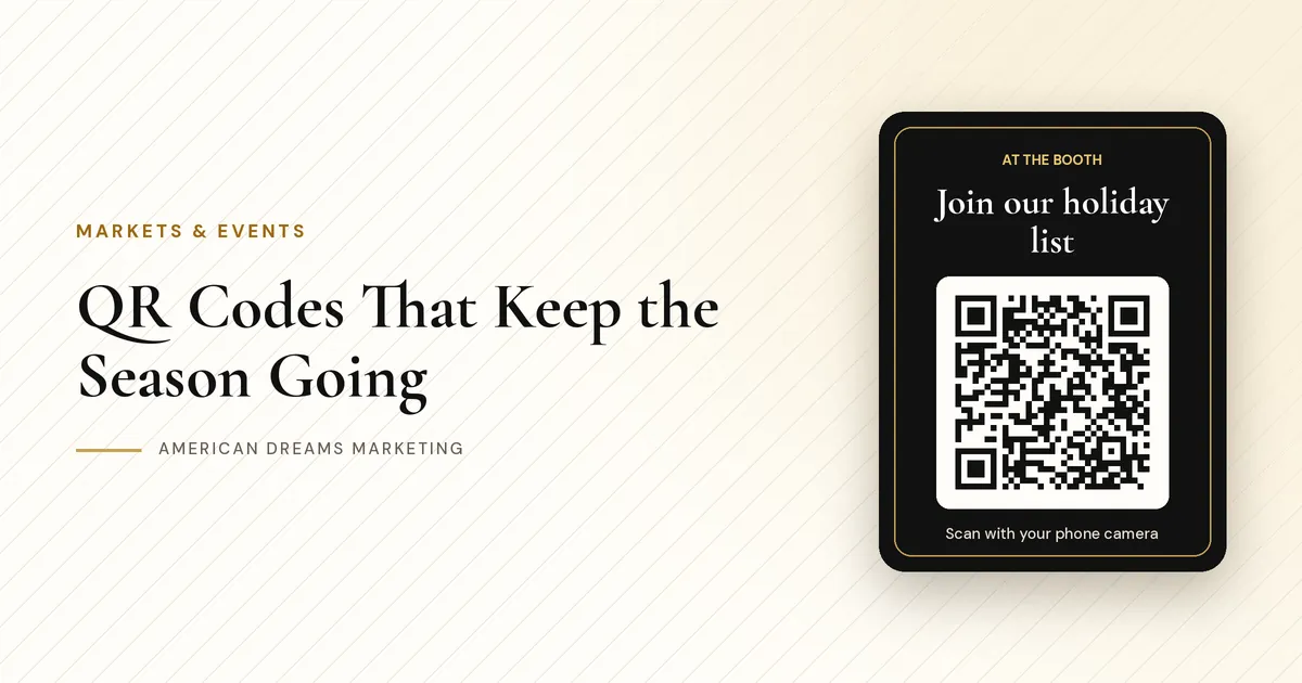A black booth sign with a QR code inviting market visitors to join a holiday list