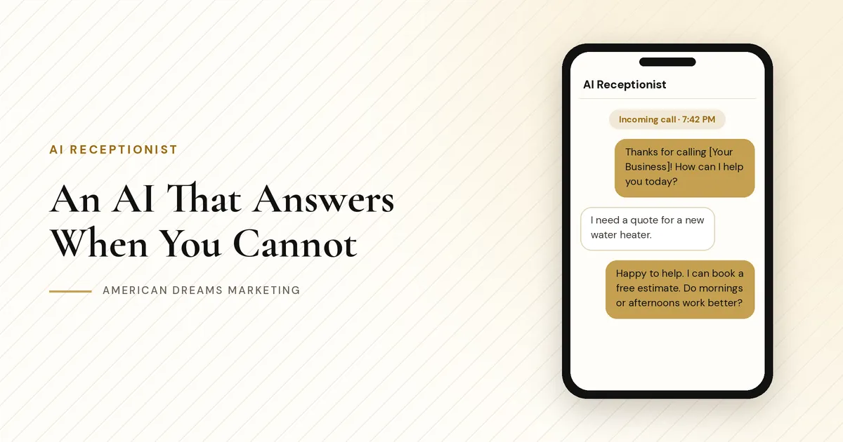 Phone screen showing an AI receptionist greeting a caller and offering to book an appointment