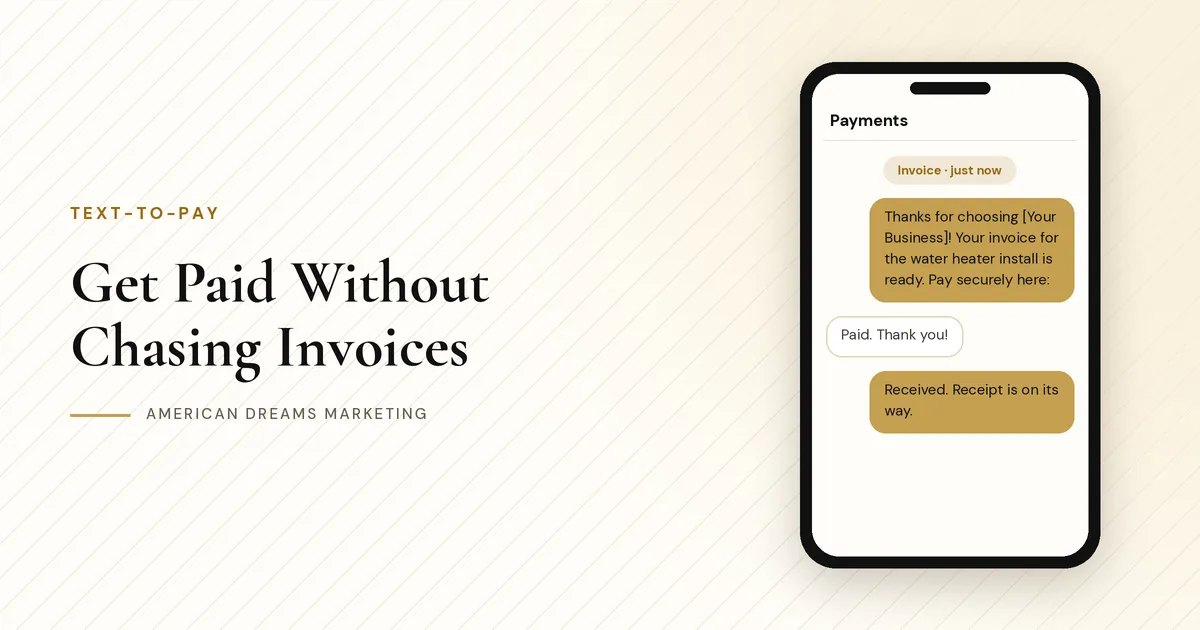 Phone showing a payment link text next to an invoice card on a cream background
