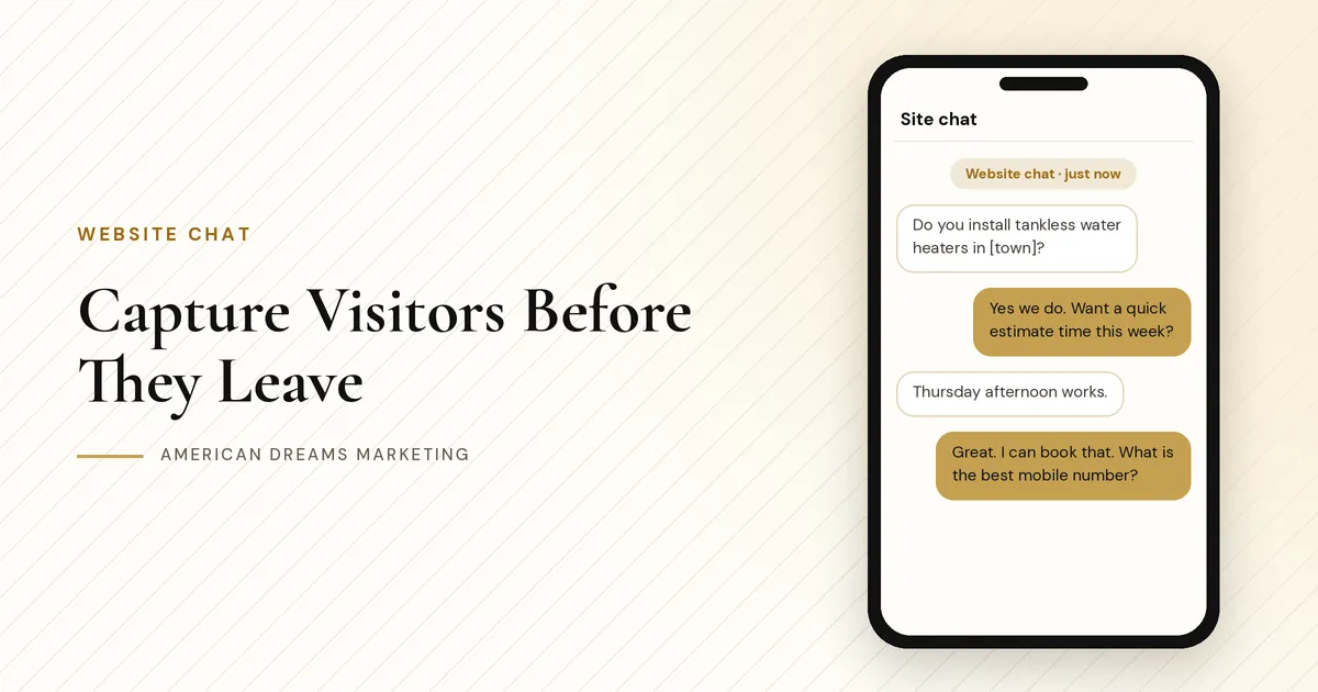 Browser chat widget open on a website with a visitor question and business reply