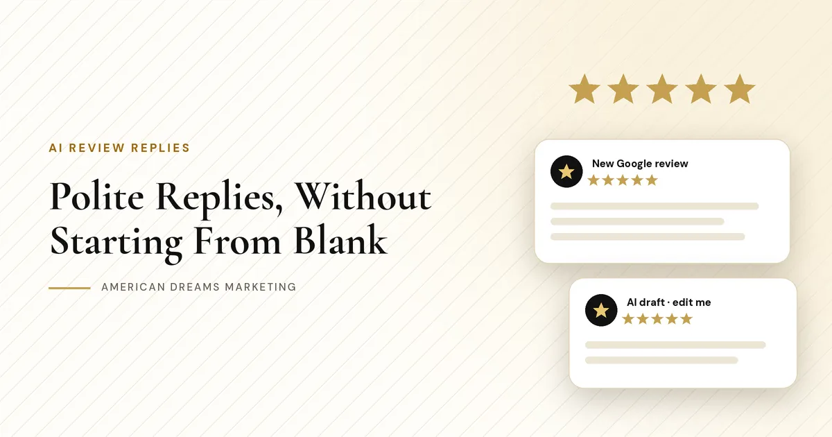 Five-star review card with an AI-drafted reply ready for the owner to edit and post
