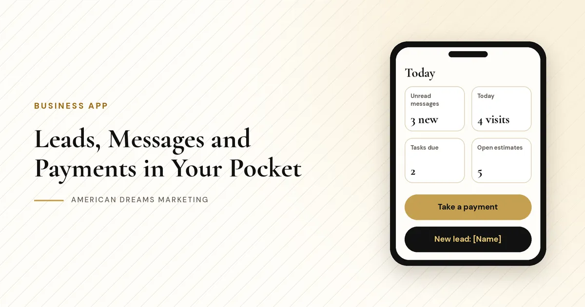 Phone screen showing a business dashboard with messages, appointments and a take a payment button