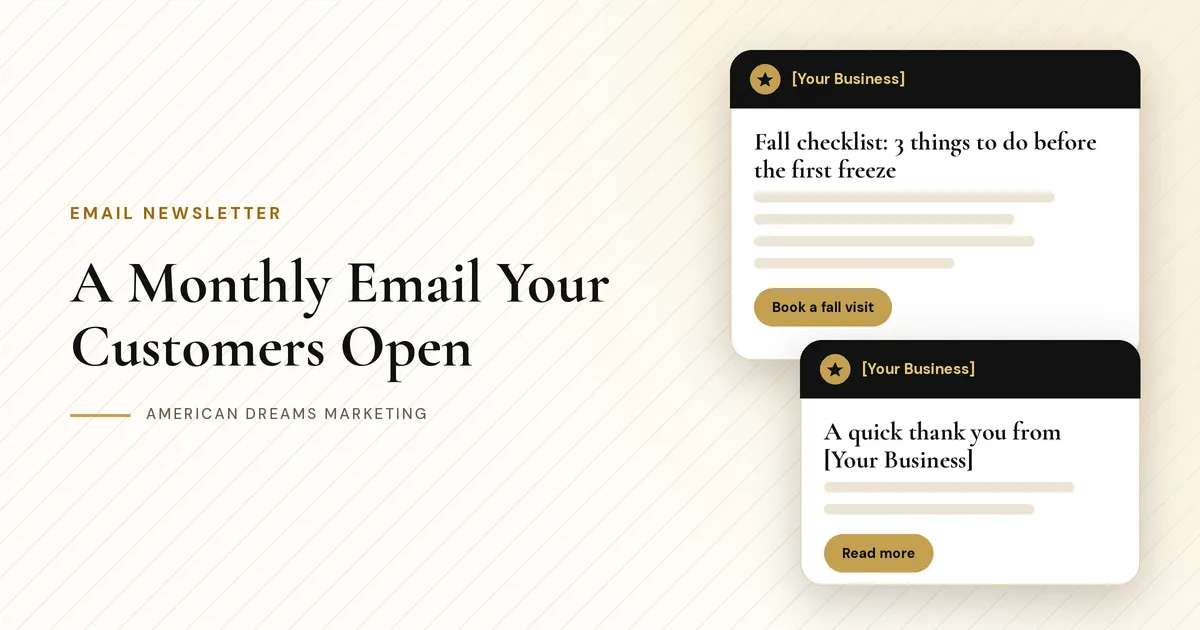 Email newsletter preview card with a subject line and a gold booking button
