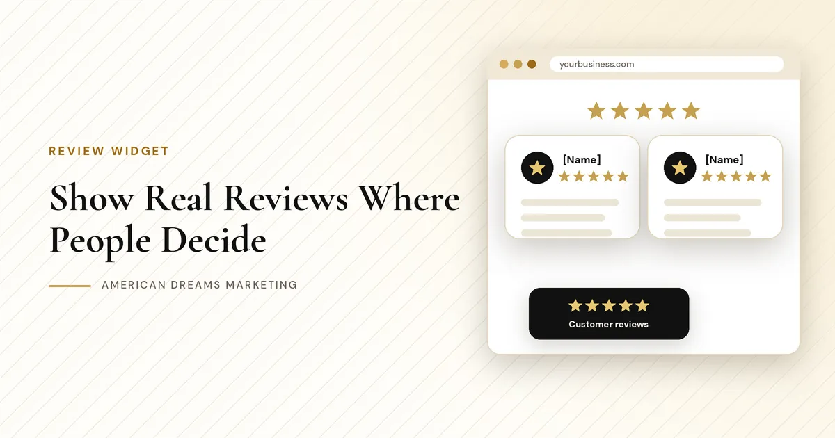 Website window showing a row of five-star review cards and a floating reviews badge