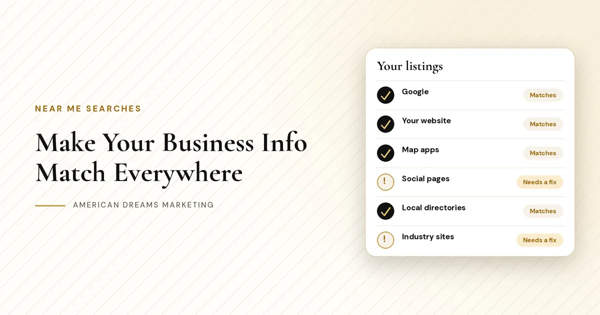 Checklist card of business listings, most marked as matching and one marked as needing a fix
