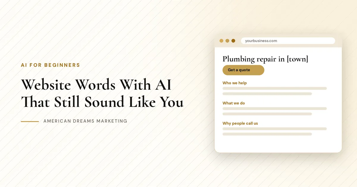 Website page draft with a headline and sections, next to a gold checklist for editing AI writing