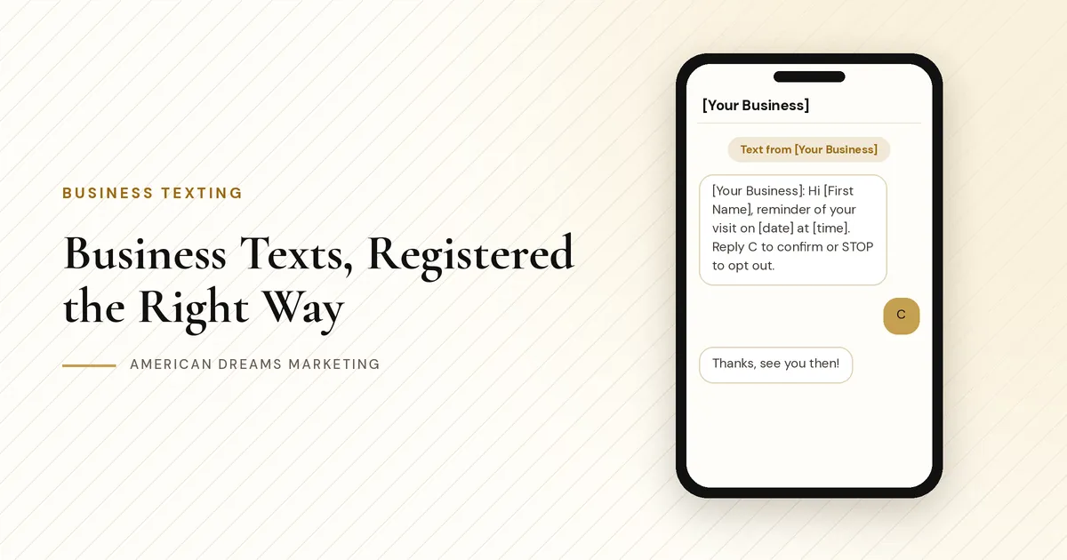Phone showing an appointment reminder text with a STOP to opt out line, next to registration status chips
