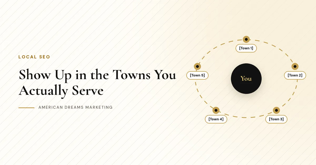 Map illustration with a home base in the center and gold pins on five nearby towns