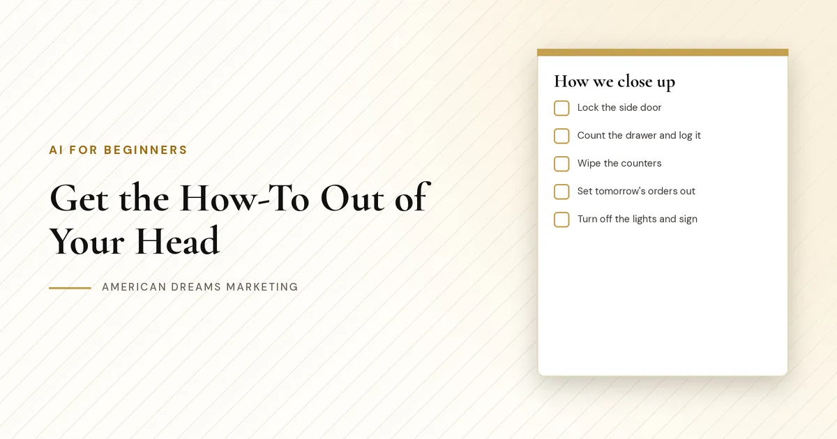 Printed step-by-step checklist with gold check boxes next to the post title about writing checklists with AI