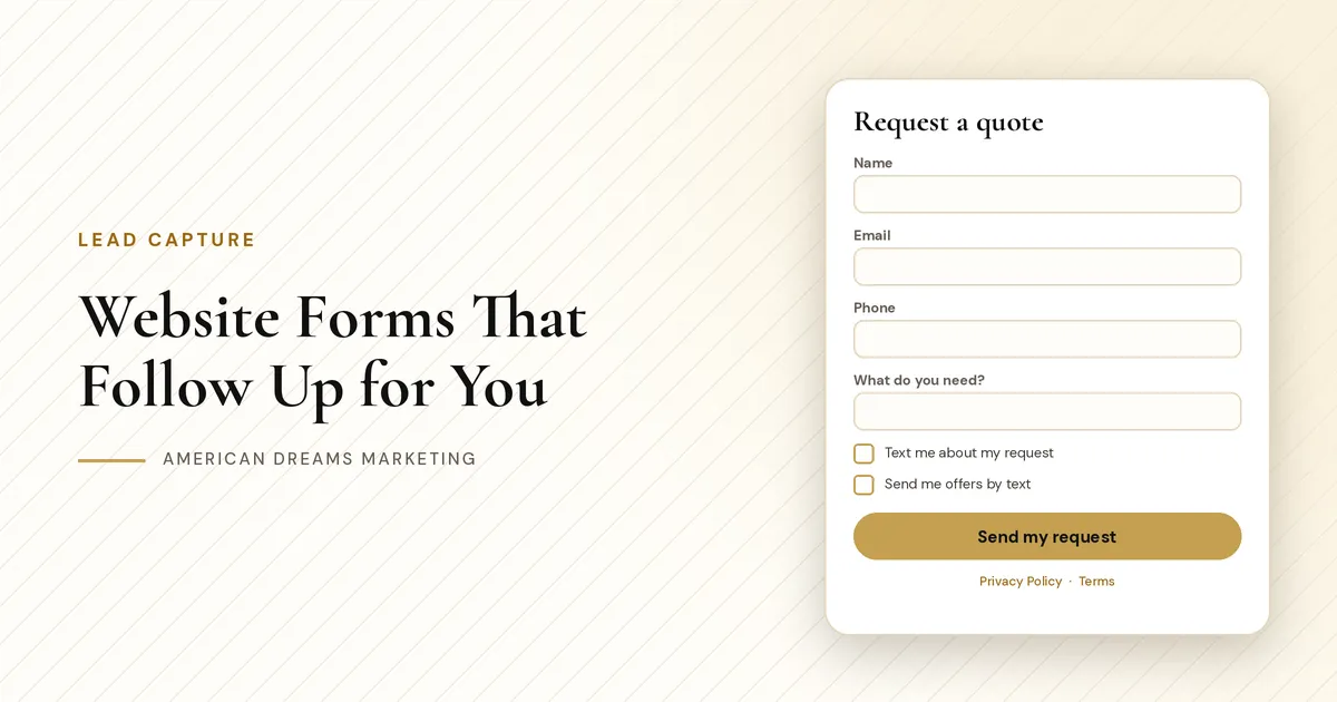 Website quote request form with consent checkboxes and a gold Send button, next to the post title